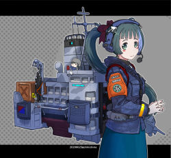 Rule 34 | 2girls, alternate costume, blue jacket, cannon, fairy (kancolle), green eyes, green hair, hair ribbon, headset, irako (kancolle), jacket, kantai collection, letterboxed, long hair, long sleeves, mini person, minigirl, multiple girls, ponytail, red ribbon, ribbon, rigging, shikishima fugen, size difference, smile, smokestack, turret