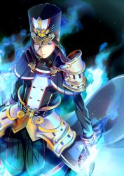 Rule 34 | 1girl, armor, bad id, bad pixiv id, breasts, collarbone, fire, gloves, hat, highres, medium breasts, military, military hat, military uniform, morag ladair (xenoblade), nintendo, pauldrons, reverse trap, shoulder armor, simple background, solo, uniform, white gloves, xenoblade chronicles (series), xenoblade chronicles 2, xenoblade chronicles (series), xenoblade chronicles 2, yellow eyes