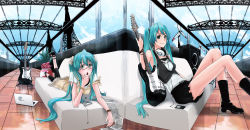 Rule 34 | 1girl, :o, bespectacled, blue hair, blue nails, blush, boots, casual, couch, digital media player, dual persona, earphones, glasses, guitar, hatsune miku, headphones, headphones around neck, highres, instrument, ipod, long hair, lying, mille (dieci), mirre, nail polish, notebook, on stomach, perspective, shorts, sitting, smile, fender stratocaster, twintails, vocaloid