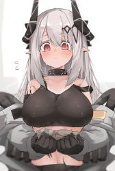 Rule 34 | 1girl, arknights, black gloves, blush, breasts, closed mouth, collar, collarbone, earrings, flying sweatdrops, gloves, grey hair, hair ornament, highres, horns, infection monitor (arknights), jewelry, large breasts, long hair, long sleeves, looking back, material growth, mudrock (arknights), navel, open clothes, oripathy lesion (arknights), pointy ears, red eyes, simple background, solo, sports bra, strap slip, sweat, upper body, wet, white background, yuukun mk-ii