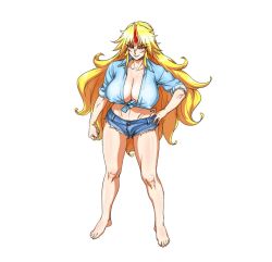 Rule 34 | 1girl, alternate costume, barefoot, blonde hair, blue shirt, breasts, cleavage, collarbone, covered erect nipples, cutoffs, denim, denim shorts, fingernails, full body, hand on own hip, hip focus, horns, hoshiguma yuugi, huge breasts, legs, lips, long hair, long sleeves, neck, numahana, pointy ears, red eyes, shiny skin, shirt, shorts, single horn, sleeves rolled up, solo, standing, thighs, toes, toned, touhou, tsurime, very long hair
