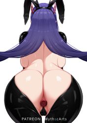 Rule 34 | 1girl, absurdres, akuma nihmune, animal ears, ass, backboob, bare back, bent over, breasts, butt plug, covered pussy, demon girl, demon horns, fake animal ears, from behind, highres, horns, huge ass, indie virtual youtuber, large breasts, leotard, long hair, myth1carts, no bra, no panties, playboy bunny, purple hair, sex toy, simple background, solo, virtual youtuber, white background