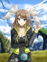 Rule 34 | 1girl, black bodysuit, black choker, blue pupils, bodysuit, breasts, choker, eunie (xenoblade), fgsketch, glowing lines, head wings, highres, jacket, large breasts, leather, leather jacket, solo, tattoo, white wings, wings, xenoblade chronicles (series), xenoblade chronicles 3