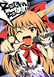 Rule 34 | 1girl, bad id, bad pixiv id, bow, chain, cuffs, fang, female focus, flat color, hair bow, horns, ibuki suika, kisaragi zwei, long hair, md5 mismatch, microphone, one eye closed, open mouth, orange hair, pointing, pointing at viewer, shackles, solo, touhou, very long hair, wink