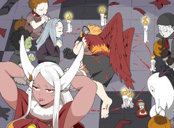 Rule 34 | absurdres, animal ears, arms behind head, arms up, black hair, blonde hair, blood, boku no hero academia, breasts, candle, candy, capelet, child, closed eyes, comic, dark-skinned female, dark skin, eri (boku no hero academia), fangs, feathered wings, feathers, food, food in mouth, fur collar, ghost costume, gloves, grey hair, hair ornament, hairclip, halloween, halloween costume, hat, hawks (boku no hero academia), highres, horns, koyap, large breasts, lollipop, long eyelashes, long hair, meme, mirko, on floor, own hands together, palms together, parted bangs, rabbit ears, rabbit girl, red capelet, red eyes, red feathers, scar, scar on face, single horn, sweatdrop, tail, white gloves, white hair, wings, witch hat, yamcha pose (meme), zombie costume
