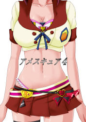 Rule 34 | 1girl, adapted costume, aino megumi, american school uniform, bare arms, black thighhighs, breasts, cleavage, crop top, happinesscharge precure!, head out of frame, highres, large breasts, microskirt, midriff, navel, pleated skirt, precure, red skirt, school uniform, simple background, single thighhigh, skirt, solo, standing, tamo (nama-yatsuhashi), thighhighs, white background