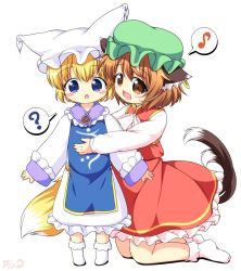 Rule 34 | 2girls, :d, :o, ?, aged down, animal ears, animal hat, blonde hair, blue eyes, brown eyes, brown hair, cat ears, cat tail, chen, commentary request, fang, fox tail, hat, highres, long sleeves, mob cap, multiple girls, multiple tails, musical note, nekomata, open mouth, pila-pela, mob cap, quaver, short hair, smile, spoken musical note, spoken question mark, tabard, tail, touhou, two tails, yakumo ran