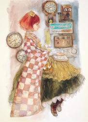 Rule 34 | 1girl, apron, bad id, bad twitter id, bag, bespectacled, bird, book, boots, checkered clothes, checkered clothes, checkered kimono, clock, cross-laced footwear, glasses, hair bobbles, hair ornament, handbag, japanese clothes, kimono, lace-up boots, lips, long sleeves, motoori kosuzu, open book, owl, profile, reading, red eyes, red hair, shirt, short hair, sitting, skirt, solo, text focus, touhou, twintails, two side up, wide sleeves, yogisya