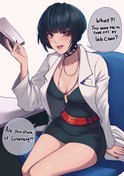 Rule 34 | 1girl, absurdres, belt, black choker, black dress, black hair, blueriest, bob cut, book, breasts, brown eyes, chair, choker, cleavage, collarbone, commentary, desk, doctor, dress, elbow rest, english commentary, english text, highres, holding, holding book, jewelry, lab coat, looking at viewer, medium breasts, necklace, open mouth, pendant, persona, persona 5, red belt, red nails, short dress, short hair, sitting, solo, speech bubble, studded choker, takemi tae, taut clothes, taut dress, thighs, v-shaped eyebrows