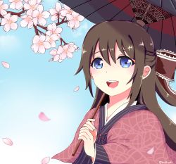 Rule 34 | 1girl, aqua eyes, artist name, artist request, blue eyes, blue kimono, blue sky, blush, bow, breasts, brown bow, brown hair, capelet, check translation, cloud, commentary request, day, female focus, flower, frilled bow, frills, hair between eyes, hair bow, half updo, highres, holding, holding umbrella, japanese clothes, kimono, long hair, long sleeves, looking at viewer, love live!, love live! nijigasaki high school idol club, love live! school idol festival, osaka shizuku, outdoors, parted lips, pink capelet, pink flower, pink ribbon, ponytail, red bow, red ribbon, red umbrella, ribbon, sky, smile, solo, striped clothes, striped kimono, translated, translation request, umbrella, upper body, vertical-striped clothes, vertical-striped kimono, wide sleeves