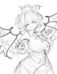 1girl absurdres animal_ears aonori00 bird_ears bird_wings dress hat highres long_sleeves looking_at_viewer mob_cap monochrome mystia_lorelei short_hair simple_background sketch solo touhou winged_hat wings