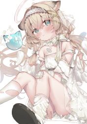 Rule 34 | 1girl, angel wings, animal ear fluff, animal ears, aqua eyes, bare shoulders, black footwear, blonde hair, blush, bow, cat ears, cat tail, detached sleeves, dress, eip (pepai), gauze, hairband, halo, highres, indie virtual youtuber, kneehighs, lace-trimmed hairband, lace trim, long hair, looking at viewer, nekozaki aira, shoes, simple background, sitting, socks, solo, striped bow, tail, torn, torn clothes, torn socks, virtual youtuber, white background, white dress, white hairband, white halo, white socks, wings