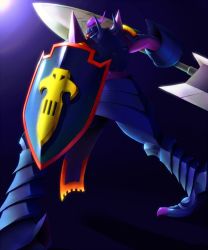Rule 34 | armor, bandai, craniamon, darkness, digimon, full armor, gradient background, horns, monster, no humans, royal knights, sasasi, solo, weapon