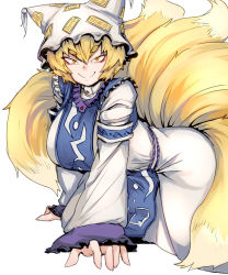 Rule 34 | 1girl, absurdres, animal ears, animal hat, blonde hair, breasts, dress, fox ears, fox tail, frills, hat, highres, large breasts, long skirt, mob cap, multiple tails, nyong nyong, mob cap, skirt, solo, tabard, tail, touhou, white dress, wide sleeves, yakumo ran, yellow eyes