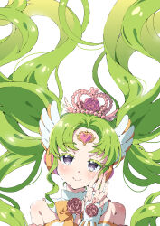 1girl absurdres bare_shoulders closed_mouth colored_eyelashes crown detached_collar falulu falulu_(awakened) floating_hair flower forehead_jewel green_hair grey_eyes hands_up headphones highres idol_clothes interlocked_fingers long_hair looking_at_viewer own_hands_together parted_bangs pink_flower pink_rose pretty_series pripara rose sidelocks simple_background smile solo tsujii_luki twintails upper_body very_long_hair white_background wing_hair_ornament