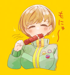 Rule 34 | 1girl, badge, blush, breasts, brown hair, button badge, closed eyes, closed mouth, cropped torso, eating, facing viewer, food, good meat day, green jacket, hand up, highres, holding, holding food, holding skewer, jacket, kyougetsu (junrai), long sleeves, meat, medium breasts, persona, persona 4, satonaka chie, short hair, simple background, skewer, solo, sound effects, swept bangs, track jacket, yellow background, zipper