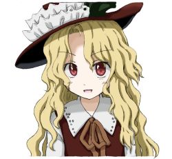 Rule 34 | 1girl, black ribbon, blonde hair, brown eyes, brown hat, brown vest, collared shirt, frilled hat, frills, hat, hat feather, jacket girl (dipp), long hair, looking at viewer, momom pancake, neck ribbon, open mouth, parted bangs, ribbon, shirt, simple background, solo, touhou, upper body, very long hair, vest, wavy hair, white background, white shirt