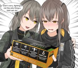 Rule 34 | 2girls, artist request, blonde hair, blush, box, brown eyes, brown hair, girls&#039; frontline, gloves, holding, korean text, military, military uniform, multiple girls, open mouth, parody, partially fingerless gloves, ponytail, source request, speech bubble, star-shaped pupils, star (symbol), sweat, symbol-shaped pupils, tagme, translated, ump40 (girls&#039; frontline), ump45 (girls&#039; frontline), uniform, uterus, wavy mouth, yellow eyes