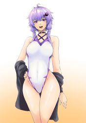 Rule 34 | 1girl, black jacket, competition swimsuit, feet out of frame, gluteal fold, gradient background, hair ornament, highres, jacket, looking at viewer, one-piece swimsuit, open mouth, purple eyes, purple hair, short hair with long locks, smile, solo, standing, swimsuit, thigh gap, vocaloid, voiceroid, white background, white one-piece swimsuit, yellow background, yuzuki yukari, zooanime