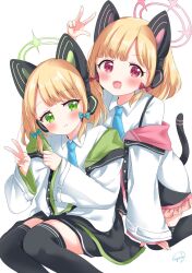 Rule 34 | 2girls, :d, animal ears, artist name, black thighhighs, blonde hair, blue archive, blunt bangs, bow, closed mouth, green eyes, hair ornament, hair ribbon, halo, hand up, headphones, highres, jacket, kneeling, lace, lace-trimmed skirt, lace trim, looking at viewer, midori (blue archive), miniskirt, momoi (blue archive), multiple girls, necktie, open clothes, open jacket, open mouth, paw pose, red eyes, ribbon, shirt, siblings, sidelocks, sitting, skirt, sleeves past wrists, smile, sugutsuka rerun, tail, tail raised, thighhighs, v, white jacket, white shirt, wide sleeves