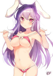 Rule 34 | 1girl, absurdres, animal ears, bare arms, bare shoulders, bikini, bikini pull, blush, bow, breasts, cleavage, clothes pull, collarbone, cowboy shot, frown, gluteal fold, heart, highres, large breasts, long hair, looking at viewer, navel, nenobi (nenorium), pink bikini, pink eyes, purple hair, rabbit ears, reisen udongein inaba, signature, simple background, solo, stomach, string bikini, swimsuit, touhou, underboob, white background, white bow