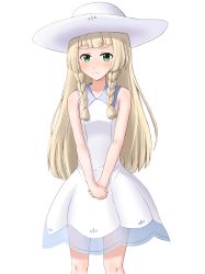 Rule 34 | &gt;:(, 1girl, akur kaff, bad id, bad pixiv id, bare shoulders, blonde hair, blunt bangs, blush, braid, breasts, closed mouth, collarbone, collared dress, cowboy shot, creatures (company), dress, frown, game freak, green eyes, hat, highres, lillie (pokemon), long hair, looking at viewer, nintendo, own hands together, pokemon, pokemon sm, see-through, simple background, sleeveless, sleeveless dress, small breasts, solo, standing, sun hat, sundress, twin braids, v-shaped eyebrows, white background, white dress, white hat