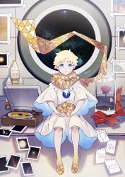 Rule 34 | 1boy, absurdres, blonde hair, blue eyes, bright pupils, closed mouth, dot nose, drawing, fate/grand order, fate (series), flower, highres, le petit prince, male focus, phonograph, photo (object), record, red flower, red rose, rose, short hair, signature, sitting, smile, solo, space, spacecraft, stuffed fox, tetsu (teppei), voyager (fate), white pupils, white tunic