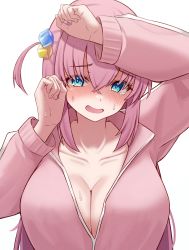Rule 34 | 1girl, absurdres, blue eyes, blush, bocchi the rock!, breasts, cleavage, collarbone, commentary request, cube hair ornament, fingernails, gotoh hitori, hair ornament, highres, jacket, kano (wi3028), large breasts, long hair, long sleeves, looking at viewer, open mouth, pink hair, pink jacket, simple background, solo, sweatdrop, upper body, white background