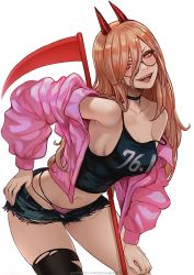 Rule 34 | 1girl, alternate breast size, alternate costume, black choker, black thighhighs, blonde hair, breasts, camisole, chainsaw man, choker, demon girl, demon horns, glasses, hand on own hip, hand on own knee, highres, holding, holding scythe, horns, jacket, long hair, looking at viewer, magion02, medium breasts, micro shorts, midriff, navel, off shoulder, open mouth, panties, patreon username, pink jacket, pink panties, power (chainsaw man), red horns, scythe, sharp teeth, shorts, simple background, single thighhigh, smile, solo, stomach, strap slip, teeth, thighhighs, thighs, torn clothes, torn thighhighs, underwear, v-shaped eyebrows, watermark, web address, white background, yellow eyes