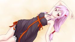 Rule 34 | 10s, 1girl, bare shoulders, blush, breasts, cleavage, dress, guilty crown, hair ornament, hairclip, highres, iray, long hair, looking away, lying, pink hair, red eyes, solo, twintails, yuzuriha inori