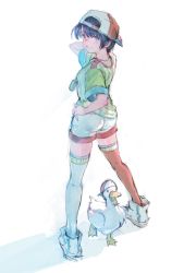 Rule 34 | 1girl, ass, asymmetrical legwear, backwards hat, baseball cap, bird, black hair, blue eyes, commentary, duck, full body, gigapuri, grin, hand on headwear, hat, highres, hololive, looking at viewer, mismatched legwear, oozora subaru, oozora subaru (1st costume), oozora subaru (duck), oversized clothes, red thighhighs, shirt, shoes, short hair, shorts, smile, sneakers, solo, standing, stopwatch, striped clothes, striped shirt, thighhighs, vertical-striped clothes, vertical-striped shirt, virtual youtuber, watch, white footwear, white shorts, white thighhighs