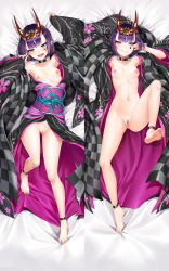 Rule 34 | 1girl, black kimono, bob cut, breasts, cleft of venus, closed mouth, dakimakura (medium), eyeliner, fate/grand order, fate (series), floral print, headpiece, horn ornament, horn ring, horns, japanese clothes, kimono, legs, long sleeves, looking at viewer, lostroom outfit (fate), lying, makeup, multiple views, nipples, obi, on back, oni, open mouth, purple eyes, purple hair, pussy, sash, senbon tsuki, short hair, shuten douji (fate), shuten douji (lostroom outfit) (fate), skin-covered horns, small breasts, smile, spread legs, wide sleeves