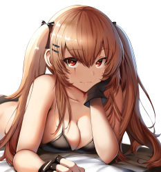 Rule 34 | 1girl, :3, bad id, bad pixiv id, bare shoulders, belko, bikini, black bikini, black gloves, black ribbon, blurry, blurry background, blush, breasts, brown hair, cleavage, closed mouth, collarbone, girls&#039; frontline, gloves, hair between eyes, hair ornament, hair ribbon, hairclip, head on hand, highres, large breasts, long hair, looking at viewer, lying, on stomach, red eyes, ribbon, scar, scar across eye, scar on face, smile, solo, sootoku, swimsuit, twintails, ump9 (girls&#039; frontline)