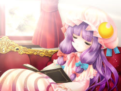 Rule 34 | 1girl, book, bow, couch, crescent moon, curtains, closed eyes, female focus, hair bow, hat, indoors, light rays, long hair, moon, patchouli knowledge, purple hair, sleeping, solo, sunbeam, sunlight, touhou, tsukasaki aoi, window
