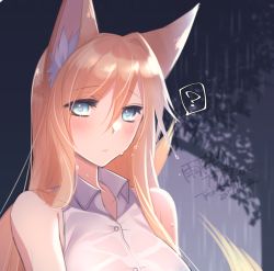 Rule 34 | 1girl, ?, animal ears, bare shoulders, blonde hair, blue eyes, blush, closed mouth, collared shirt, commentary request, dated, fox ears, hair between eyes, konshin, long hair, original, shirt, signature, sleeveless, sleeveless shirt, solo, spoken question mark, upper body, white shirt, wing collar