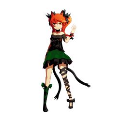 Rule 34 | 1girl, animal ears, ankle ribbon, asymmetrical footwear, asymmetrical legwear, boots, cat ears, cat tail, collar, cosplay, full body, hair ribbon, heart, hecatia lapislazuli, hecatia lapislazuli (cosplay), high heels, highres, kaenbyou rin, leg ribbon, light smile, long hair, looking at viewer, mismatched footwear, mismatched legwear, multiple tails, off-shoulder shirt, off shoulder, red eyes, red hair, ribbon, shirt, single boot, skirt, solo, tail, touhou, transparent background, wrist cuffs, zextillion