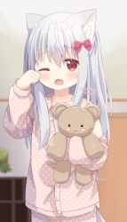 Rule 34 | 1girl, animal ear fluff, animal ears, blurry, blurry background, blush, bow, commentary request, commission, depth of field, door, fang, grey hair, hair between eyes, hair bow, hand up, highres, long hair, long sleeves, looking at viewer, nakkar, hugging object, open mouth, original, pajamas, pants, pink pajamas, pink pants, pink shirt, polka dot, polka dot pajamas, polka dot pants, polka dot shirt, puffy long sleeves, puffy sleeves, red bow, red eyes, rubbing eyes, shirt, sleepy, solo, stuffed animal, stuffed toy, tail, tears, teddy bear, twitter username, waking up, watermark