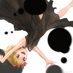 Rule 34 | 1girl, alternate costume, armpits, arms up, artist name, bad id, bad twitter id, black dress, blonde hair, bow, darkness, dress, fangs, flat chest, hair bow, highres, legs, looking at viewer, nuqura, open mouth, pink eyes, rumia, short hair, sleeveless, sleeveless dress, smile, solo, touhou, upside-down, white background