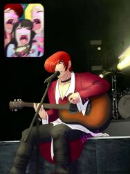 Rule 34 | 1boy, 3girls, artist name, black hair, blonde hair, blush, cat, closed eyes, guitar, heart, highres, instrument, legs, long hair, mature (kof), meme, microphone, multiple girls, music, open mouth, pants, parted lips, red hair, screaming, short hair, shouting, singing, smile, snk, the king of fighters, thighs, vice (kof), yagami iori
