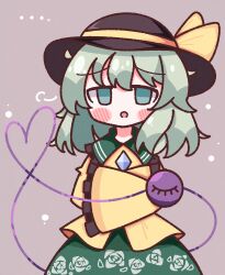 Rule 34 | ..., 1girl, :o, absurdres, black hat, blush, bow, buttons, crossed arms, diamond button, floral print, frilled shirt collar, frilled sleeves, frills, green eyes, green hair, green skirt, hair between eyes, hat, hat bow, heart, heart of string, highres, komeiji koishi, light green hair, long sleeves, looking at viewer, medium hair, open mouth, puff of air, rose print, shirt, sigh, simple background, skirt, sleeves past fingers, sleeves past wrists, solo, third eye, touhou, waroemon, yellow bow, yellow shirt
