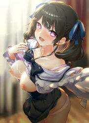 Rule 34 | 1girl, :d, alternate costume, alternate hairstyle, black bow, black bowtie, black hair, black skirt, blouse, blue ribbon, blurry, blurry background, blush, bow, bowtie, bra, bra lift, breasts, breasts out, bukkake, clothes lift, commentary, corset, cowboy shot, cum, cum in mouth, cum on body, cum on breasts, cum on clothes, cum on hair, cum on upper body, curtains, eyelashes, facial, hair ornament, hair ribbon, hairclip, half updo, heart, heart-shaped pupils, indoors, lifted by self, long hair, looking at viewer, medium breasts, nijisanji, nipples, no mask, open mouth, outstretched arm, panties, pink bra, pink panties, purple eyes, ribbon, self exposure, selfie, shirt, shirt lift, skirt, smile, solo, standing, strap slip, sunlight, symbol-shaped pupils, tsukino mito, tsuyudakunanoda, twintails, underbust, underwear, virtual youtuber, white shirt, window