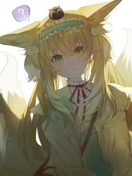 Rule 34 | 1girl, 7307795428, ?, animal ear fluff, animal ears, arknights, backlighting, bag, blonde hair, blue hairband, blue skirt, closed mouth, commentary request, crossover, fox ears, fox girl, fox tail, frilled hairband, frills, green eyes, hair between eyes, hairband, heixiu, high-waist skirt, highres, jacket, kitsune, multicolored hair, neck ribbon, on head, open clothes, open jacket, red ribbon, ribbon, shirt, shoulder bag, simple background, skirt, spoken question mark, suzuran (arknights), suzuran (spring praise) (arknights), tail, luo xiaohei zhanji, two-tone hair, white background, white hair, white jacket, white shirt