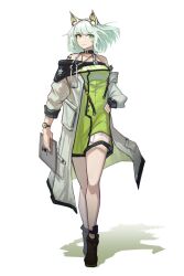 Rule 34 | 1girl, animal ears, arknights, black footwear, boots, cat ears, cat girl, coat, dress, full body, green dress, green eyes, green hair, hand on own hip, highres, holding, kal&#039;tsit (arknights), long sleeves, material growth, off-shoulder coat, off-shoulder dress, off shoulder, open clothes, open coat, oripathy lesion (arknights), simple background, standing, stethoscope, taoxisama, watch, white background, white coat, wristwatch