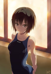 Rule 34 | 1girl, amagami, arms behind back, bare shoulders, black eyes, black hair, brown eyes, competition swimsuit, looking at viewer, looking up, nanasaki ai, one-piece swimsuit, shimejirou, short hair, smile, solo, standing, swimsuit, tasiros, window