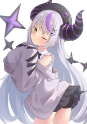 Rule 34 | 1girl, ;p, arched back, beret, bike shorts, black hat, black horns, black skirt, blush, cardigan, cosplay, demon girl, demon horns, fake horns, frilled shirt, frills, grey cardigan, grey hair, hair ornament, hairclip, hat, highres, hololive, horned headwear, horns, jirai kei, la+ darknesss, long hair, looking at viewer, miniskirt, multicolored hair, one eye closed, open cardigan, open clothes, purple hair, shirt, skirt, sleeveless, sleeveless shirt, sleeves past fingers, sleeves past wrists, solo, streaked hair, striped horns, suspender skirt, suspenders, tail, tenmon (tenmon0715), tokoyami towa, tokoyami towa (cosplay), tokoyami towa (jirai kei), tongue, tongue out, very long hair, virtual youtuber, white shirt, x hair ornament