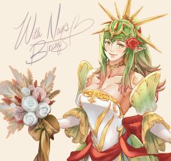 Rule 34 | 1girl, bouquet, bride, bride (fire emblem), dress, earrings, elbow gloves, english text, fire emblem, fire emblem awakening, fire emblem heroes, flower, gloves, green eyes, green hair, holding, holding bouquet, jewelry, krazehkai, long hair, looking at viewer, necklace, nintendo, pointy ears, smile, solo, tiki (adult) (fire emblem), tiki (fire emblem), wedding dress
