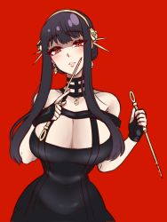 Rule 34 | 1girl, black hair, breasts, cleavage, curvy, dress, earrings, hair ornament, highres, jewelry, jojobee, large breasts, long hair, looking at viewer, red background, red eyes, shirt, solo, spy x family, yor briar