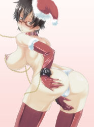 Rule 34 | 1girl, ass, bdsm, blush, bondage, bound, breasts, brown eyes, brown hair, christmas, collar, cuffs, elbow gloves, glasses, gloves, hat, k-on!, leash, linked piercing, looking at viewer, manabe nodoka, nipple chain, nipple piercing, nipples, panties, piercing, santa hat, sgt.cat, short hair, slave, solo, thighhighs, underwear