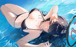 Rule 34 | 1girl, absurdres, afloat, alternate costume, bare arms, bare shoulders, bikini, black bikini, black hair, blue archive, blush, breasts, closed mouth, halterneck, highres, imjy09, large breasts, looking at viewer, lying, navel, o-ring, o-ring bikini, o-ring bottom, o-ring top, on back, on water, partially submerged, red eyes, rio (blue archive), solo, stomach, string bikini, swimsuit, untied bikini, water, wet