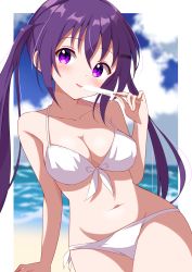 Rule 34 | 1girl, absurdres, arm support, beach, bikini, blue sky, border, breasts, cleavage, cloud, cloudy sky, collarbone, food, front-tie bikini top, front-tie top, gochuumon wa usagi desu ka?, hair between eyes, hand up, highres, horizon, kabocya na, large breasts, long hair, looking to the side, navel, ocean, outdoors, outside border, popsicle, purple eyes, purple hair, side-tie bikini bottom, sitting, sky, solo, stomach, swimsuit, tedeza rize, thighs, tongue, tongue out, twintails, white bikini, white border
